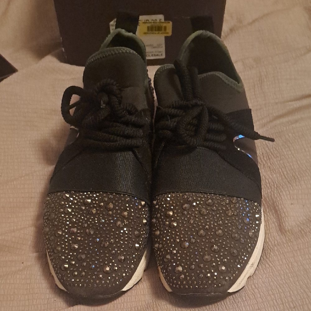 Sparkling Black and Olive Green Rhinestone Sneakers